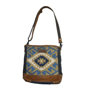 Myra Southwestern Crossbody Umhängetasche Webstoff & Leder blau weiß hellbraun - Bild 1 von 17