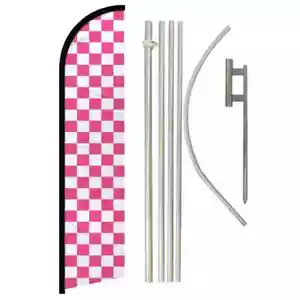 Pink & White Checkered Windless Advertising Banner Flag & Pole Kit - Picture 1 of 9