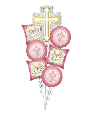 Baby Girl  Christening, Baptism Silver & Gold Cross Balloon Bouquet (7 Balloons) - Image 1 of 4
