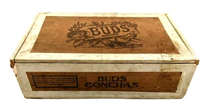 Vintage Holz 420 USA Zigarrenkiste 'BUDS Concha' 8,5"x5,75"x2,75" Papier aufklappbar - Bild 1 von 11