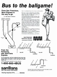 1991 SamTrans Print Ad, MUNI Express Bus to Ballgame SF Giants Candlestick Park - Picture 1 of 1