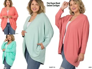 1X 2X 3X Open Front Cocoon Wrap Rayon Cardigan Hip or Thigh Length Side Pockets - Picture 1 of 23