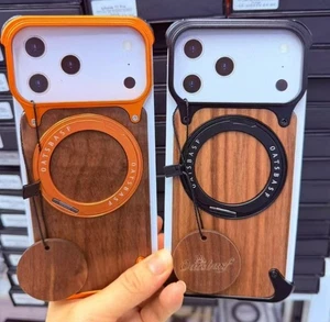 Funda magnética de aluminio con soporte de madera real sin borde de metal para iPhone 17 16 15 Pro Max - Imagen 1 de 28