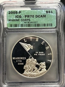 2005-P $1 Proof Marine Corps Commem Silver Dollar ICG PR 70 DCAM - Picture 1 of 3