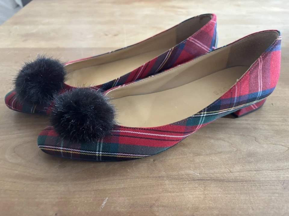 Talbots Tartán Rojo Pop Multi Edison Pom Pom Cuadros Vacaciones Zapatos Planos Talla 8.5 Usados en Excelente Condición Foto 1 de 4