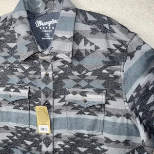 Wrangler Herren XXL Retro blau und grau Azteken Jacquard Druckknopf Hemd Jacke - Bild 1 von 9