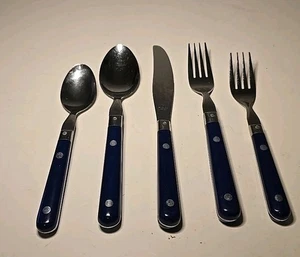 Riveted Navy Blue Handle Stainless Korea Flatware 40 Piece Vintage - Picture 1 of 5