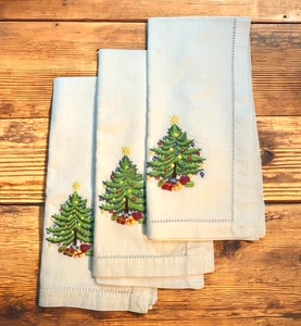 Embroidered Cotton CHRISTMAS TREE Napkins LOT of 3 Hemstitched 18" Square - Picture 1 of 3