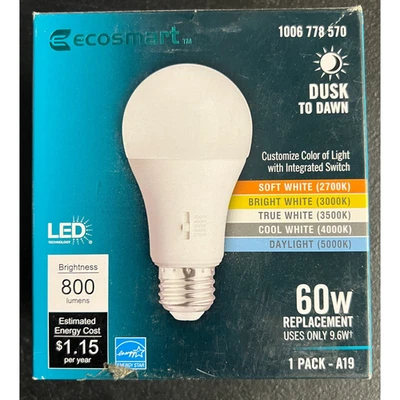 Ecosmart 60W LED Light Bulb A19 Dimmable Dusk to Dawn Auto Off Adjustable Color - Image 1 of 4