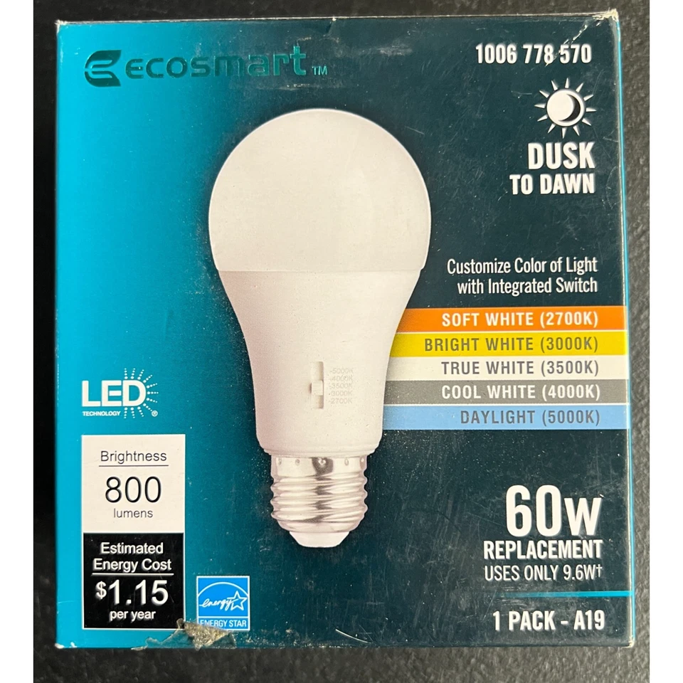 Ecosmart 60W LED Light Bulb A19 Dimmable Dusk to Dawn Auto Off Adjustable Color