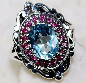 4CT Aquamarine & Treated Ruby 925 Solid Sterling Silver Ring Sz 6 FX-1 - Picture 1 of 2