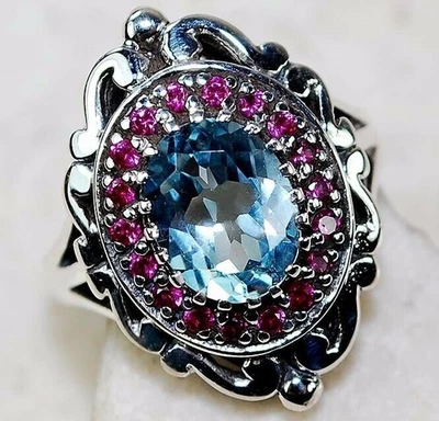 4CT Aquamarine & Treated Ruby 925 Solid Sterling Silver Ring Sz 6 FX-1 - Image 1 of 2