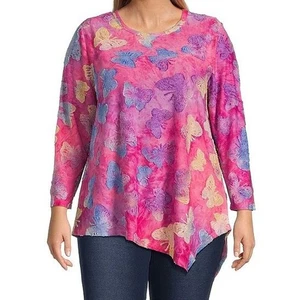 NWT CALESSA 1X Pink Burnout Tie-Dye Butterfly Crew Neck Asymmetrical Hem Tunic - Picture 1 of 7