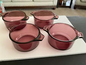 Set of 4 Cranberry Pyrex Glass Bowls With 2 Handles -Mexico - Picture 1 of 3
