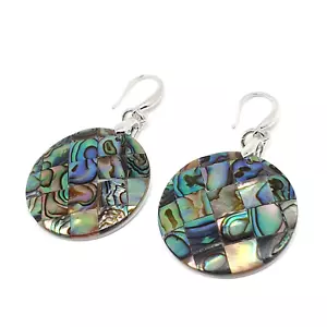 Paua Earrings Rainbow Abalone Shell Round Disc Dangle Drop Sterling Silver Hooks - Picture 1 of 20