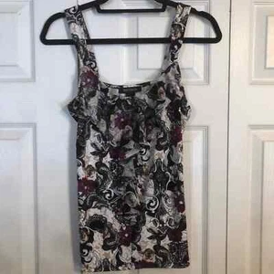WHITE HOUSE BLACK MARKET Small White Black Tan Floral Ruffle Tank Top Blouse - Picture 1 of 7