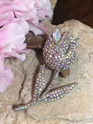 Silver tone Glass AB Crystal Rhinestone Tulip Flower With Stem and Leaf Pin - Изображение 1 из 4