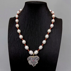 20" White Quartz Rough Raw Leafage Pendant White Rice Pearl Red Coral Necklace - Picture 1 of 6