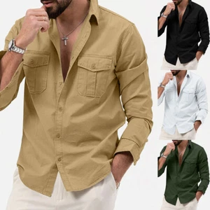Men Solid Long Sleeve Casual Buttons Shirts Blouse Tops T Shirts Tee Workwear US - Picture 1 of 18
