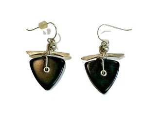 Asian Symbol Dangle Hook Earrings Silvertone Black Stone F316 - Picture 1 of 9