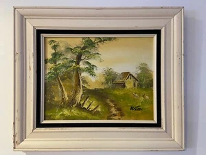Vintage Ölgemälde Scheunenlandschaft signiert Brunnen - Bild 1 von 5
