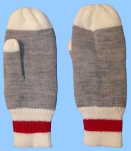 New MENS small-med WORK SOCK MITTENS-RIB KNIT GREY/RED/WHITE 100% ACRYLIC