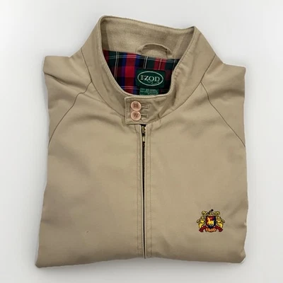 复古 90 年代 Izod Tan Harrington 飞行员夹克男式 XL 格子衬里徽章标志 — 第 1/4 张图片