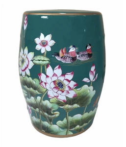 Chinese Green Lotus Flower & Mandarin Ducks Porcelain Stool Table Mandarin Style - Picture 1 of 3