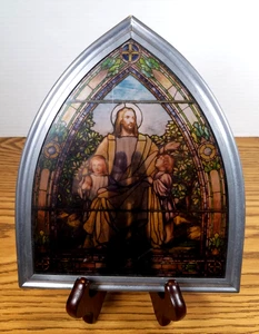 Vintage Decorated Glass Jesus with Children Metal Framed Decor 7"x8" - Picture 1 of 21