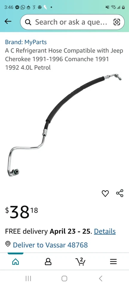 Manguera de refrigerante de aire acondicionado para Jeep Cherokee 1991-1996 Comanche 1991 1992 4,0 L gasolina Foto 1 de 1