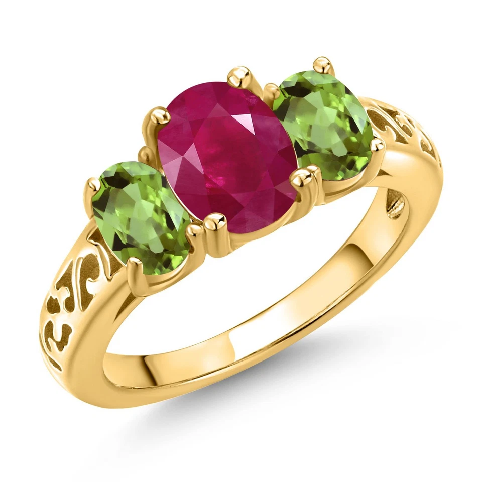 2.60 Ct Oval Red Ruby Green Peridot 18K Yellow Gold Plated Silver Ring Foto 1 de 1