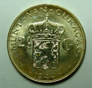 1944 CURACAO 2 1/2 GULDEN BU SILBERMÜNZE GOLDTON - Bild 1 von 2
