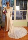 Vtg White Wedding Dress Long Sleeves Collar Lace Pearls Long / Preserved Xs