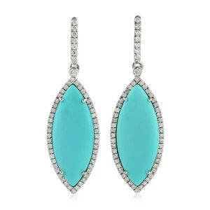 Natural Turquoise Drop/Dangle Earrings Diamond 18k White Gold Jewelry - Picture 1 of 6