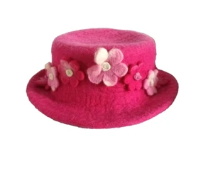 Handmade Pink Mix Woollen Felted Flower Power Ladies Bucket Hat - Picture 1 of 5