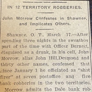 1906 John Morrow Ladrón de Bancos Confesión Territorio de Oklahoma Recorte de Periódico - Imagen 1 de 2