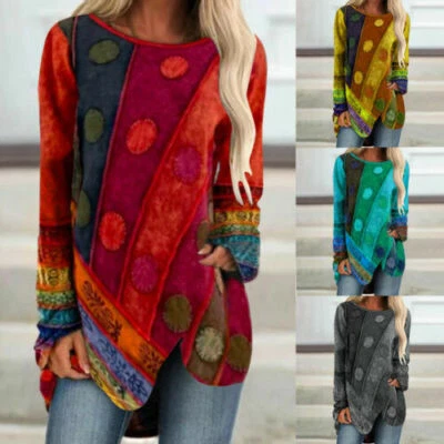 Ladies Casual Loose Boho Womens Jumper Shirt T Tunic Long Sleeve Tops Hippie