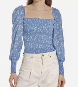 Reformation Pinto Blouse Top S Blue Floral Smocked Coquette Peasant Prairie - Picture 1 of 8