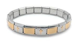 Italian Charm Bracelet Stainless Steel Silver Gold & Cross Links 9 mm Modular 