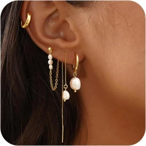 Dainty Pearl Drop Hoop Earrings for Women - Hypoallergenic 14K Gold Plated Small - Picture 1 of 12