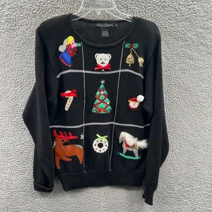 Work In Progress 90s Ugly Christmas Sweater Medium Black Applique Beaded Holiday - Picture 1 of 9