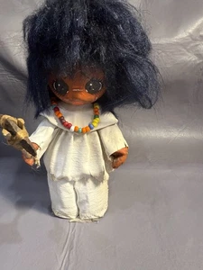 VTG Li'l Luv Pima Native American Boy w Rock Mallet Paper Mache Handmade Doll 7" - Picture 1 of 4