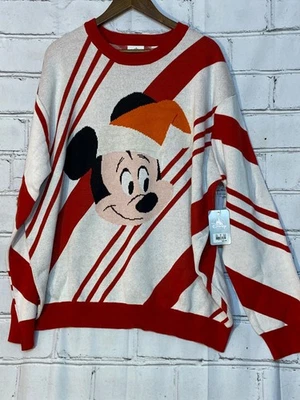 Suéter de férias Disney Mickey Mouse – malha listrada vermelha e creme gola redonda, tamanho XXL - Imagem 1 de 4