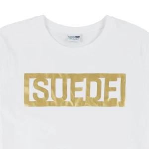 Camiseta de gamuza Puma para hombre talla L camiseta top blanco dorado lámina gráfico metálico - Imagen 1 de 11