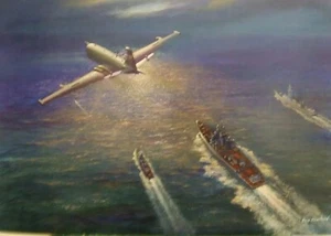 Nimrod MR2 über sowjetischen Schlachtkreuzer und Begleitpersonen... Künstler signierter Druck 17"x11"  - Bild 1 von 2