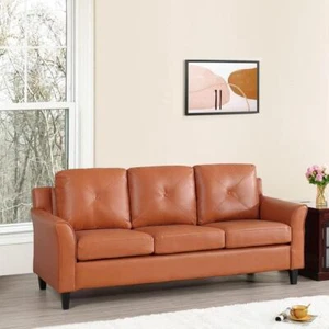 MAYKOOSH Sofa 34"x32"x56" 3-Seater+Faux Leather+Button Tufted Microfiber Caramel - Picture 1 of 8
