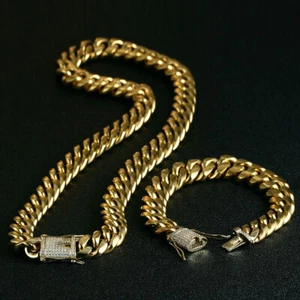 Miami Cuban Link Bracelet&Chain Set Gold Plated Stainless Steel with CZ Clasp - Picture 1 of 12