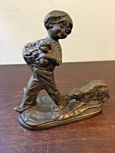 Bronze Boy & His Dogs Statue Sculpture Figure, 7 1/2", Padded Base - Picture 1 of 12