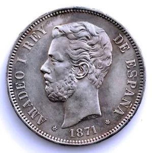 Spain-Amadeo I. 5 pesetas. 1871*18-71. Madrid. EBC/EBC- Plata 25 g. BRILLO ORIG. - Imagen 1 de 2