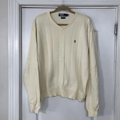 Suéter de golf Polo Ralph Lauren de colección para hombre XL algodón crema cuello en V tejido acanalado en muy buena condición Foto 1 de 4
